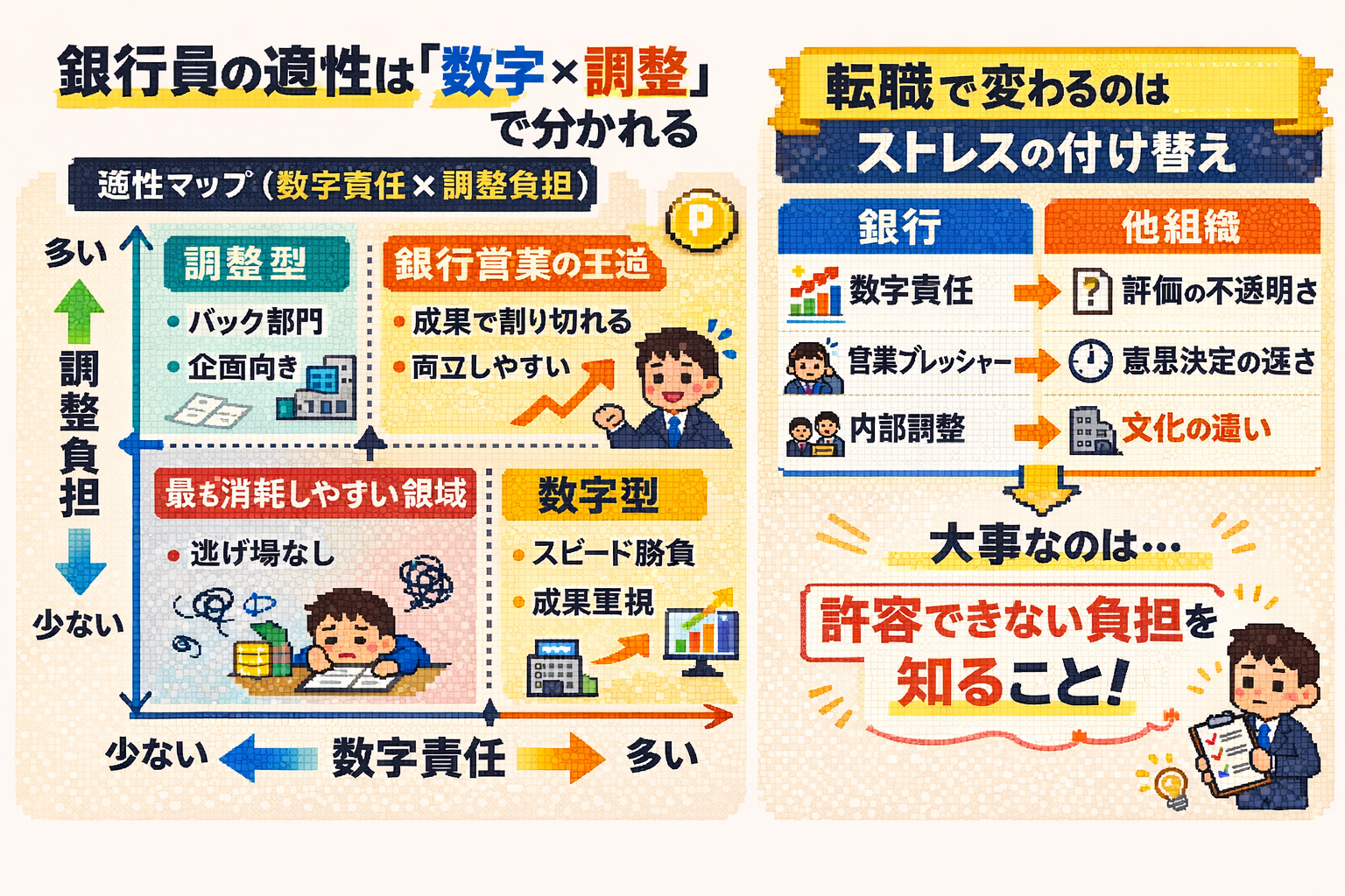 銀行員の適性マップ（数字責任×調整負担）ドット図解