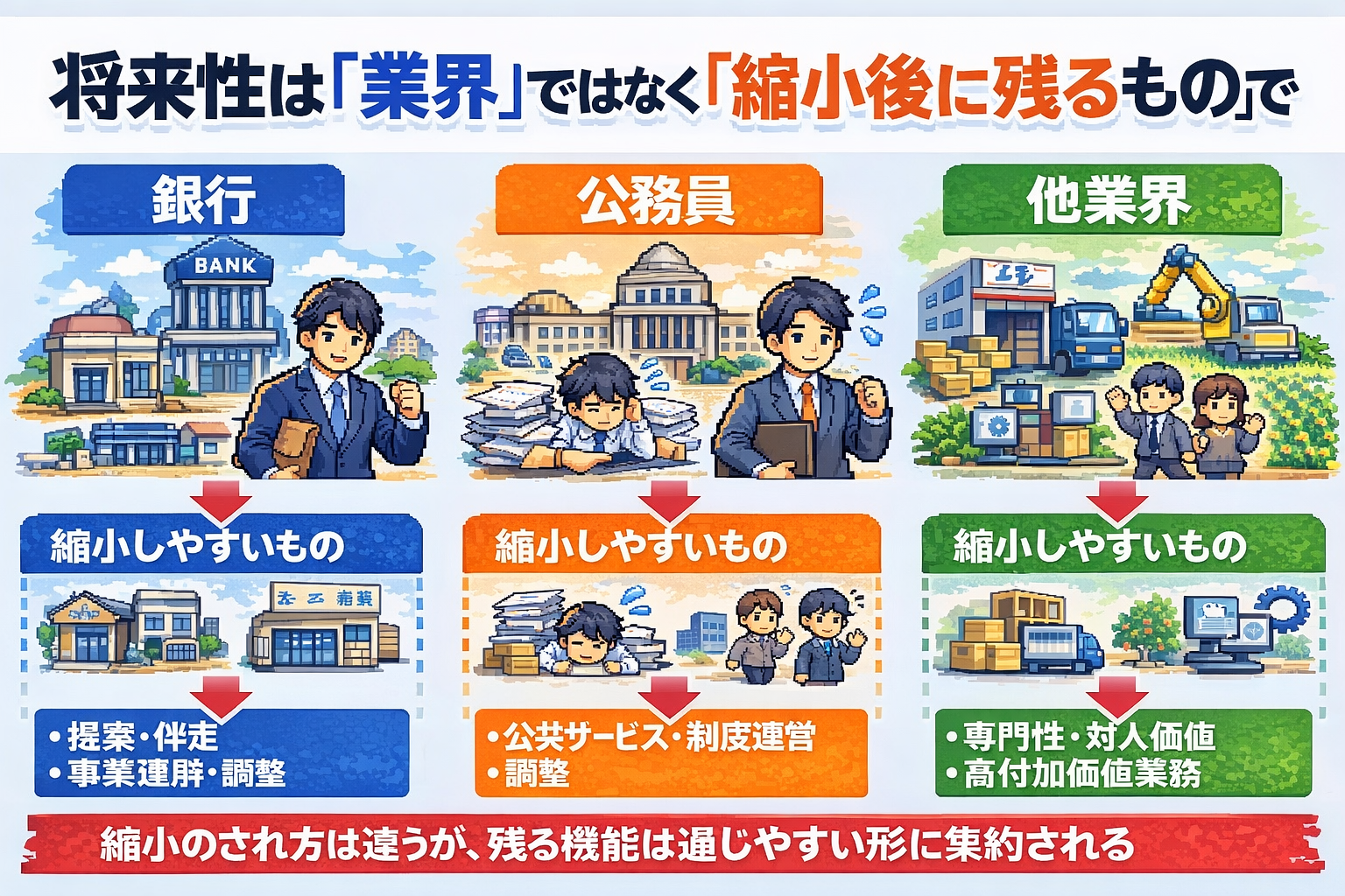 銀行・公務員・他業界の将来性と縮小構造の図解