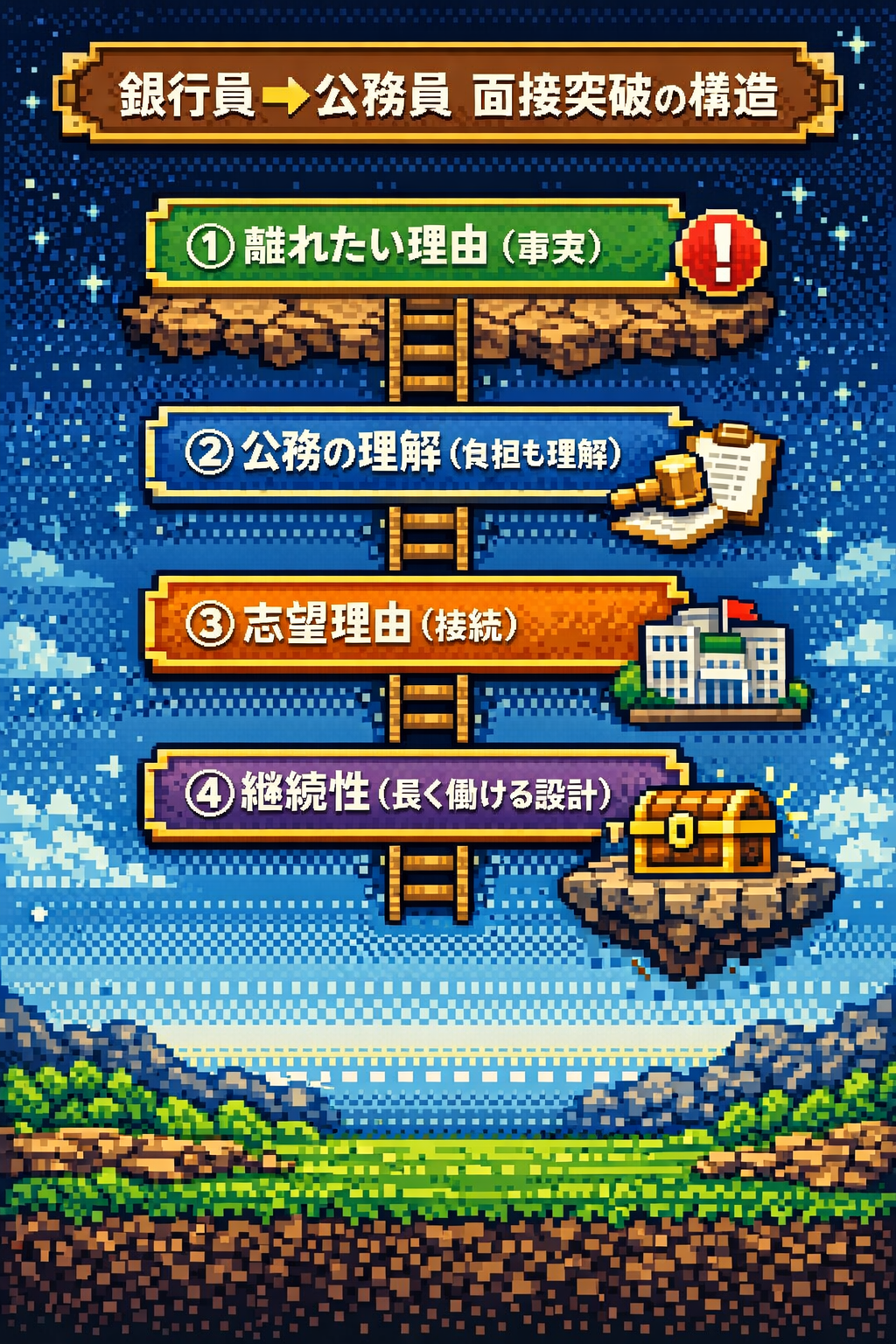 銀行員から公務員へ転職する方法｜社会人経験者枠の面接突破の構造を示したRPG風ドット絵図解（①離れたい理由→②公務の理解→③志望理由の接続→④継続性）