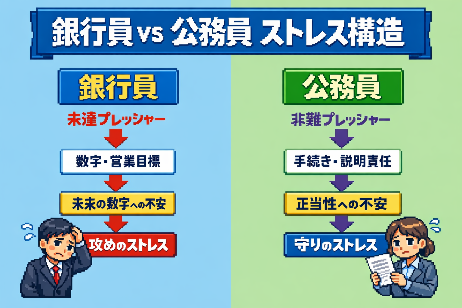 銀行員と公務員のストレス構造の違い（未達プレッシャーと非難プレッシャーの比較図）