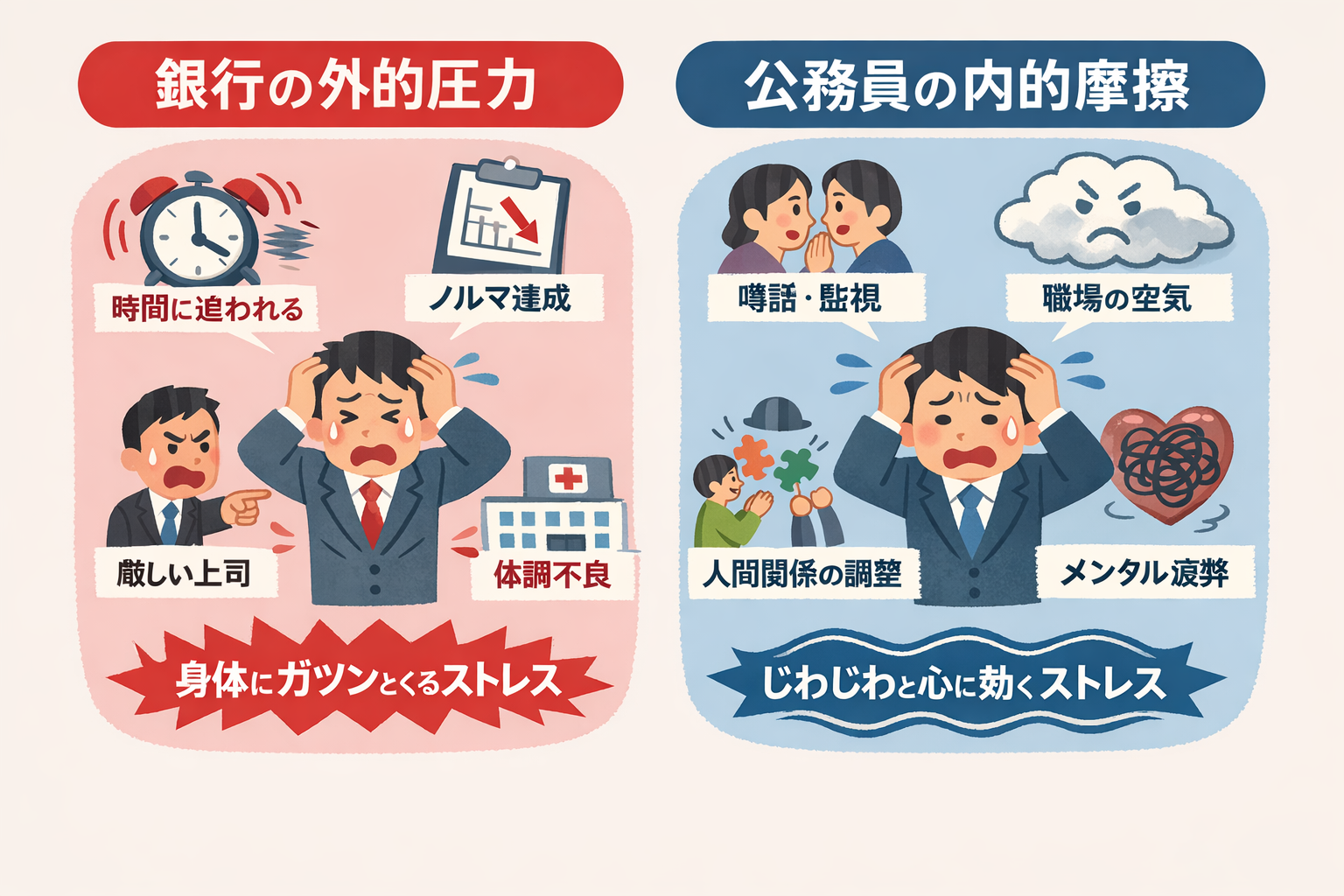 銀行員と公務員のストレス構造比較図