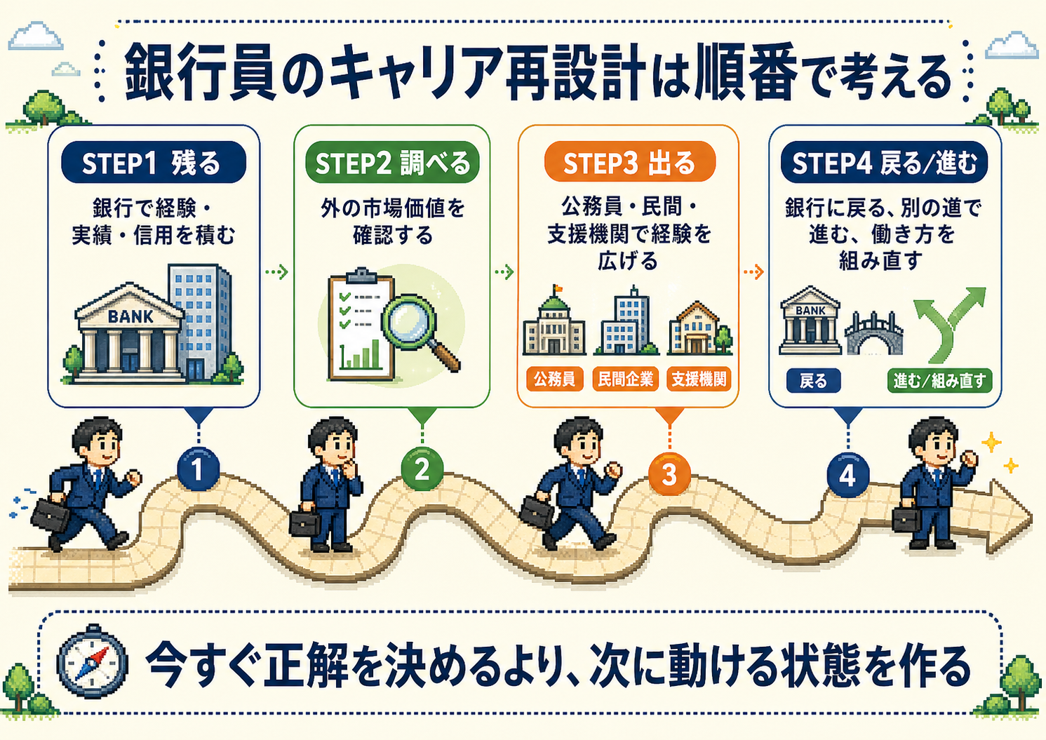 銀行員のキャリア再設計は順番で考える｜残る・調べる・出る・戻る／進むの4ステップ