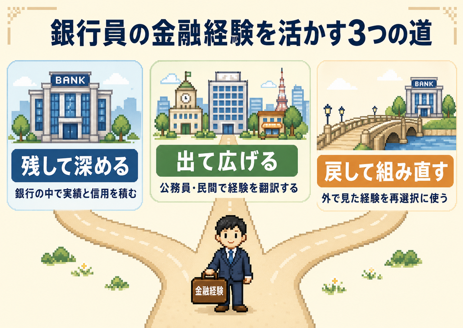 銀行員の金融経験を活かす3つの道｜残して深める・出て広げる・戻して組み直す