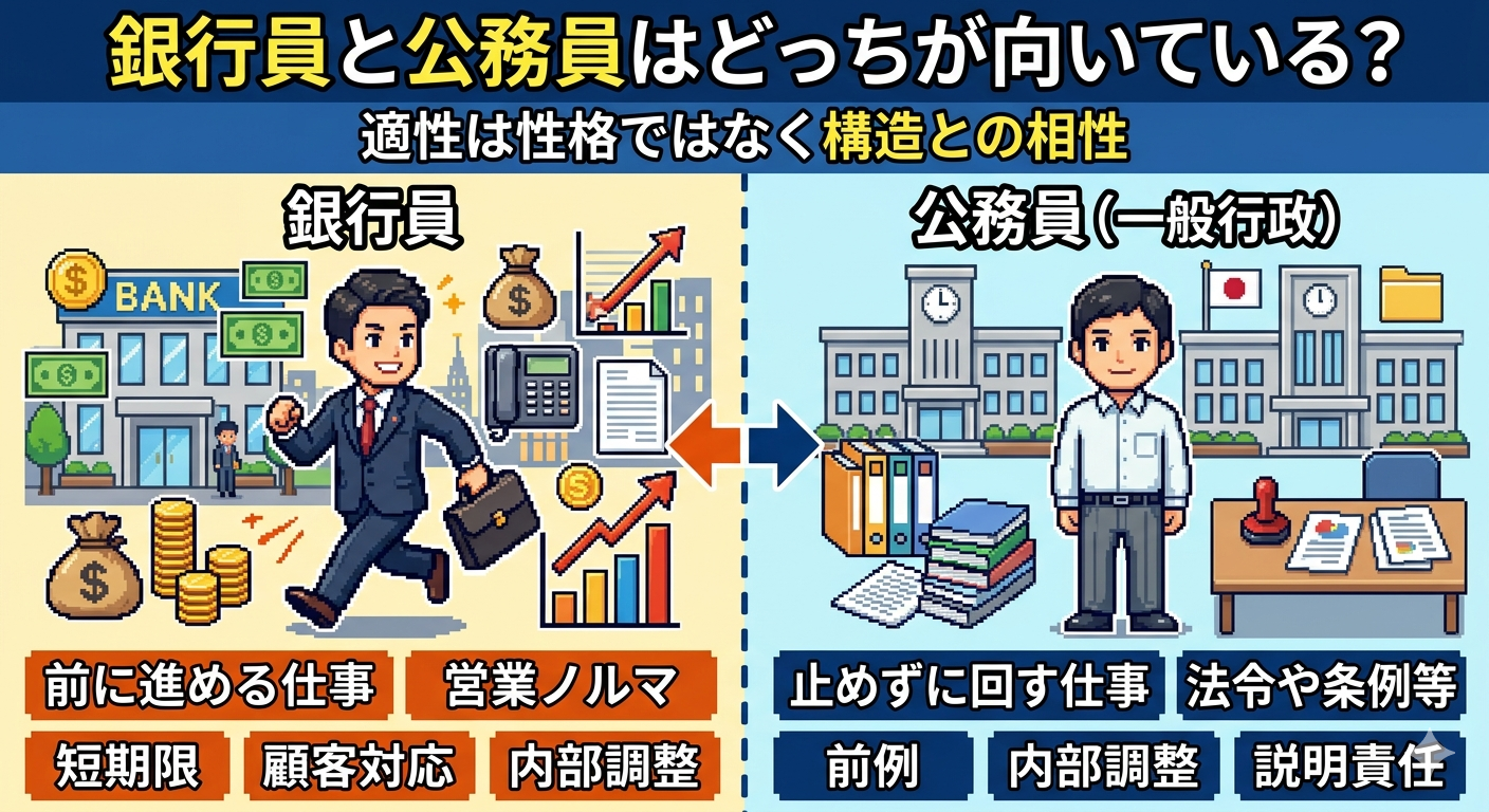 銀行員と公務員の適性の違い|前進型と維持型の比較図
