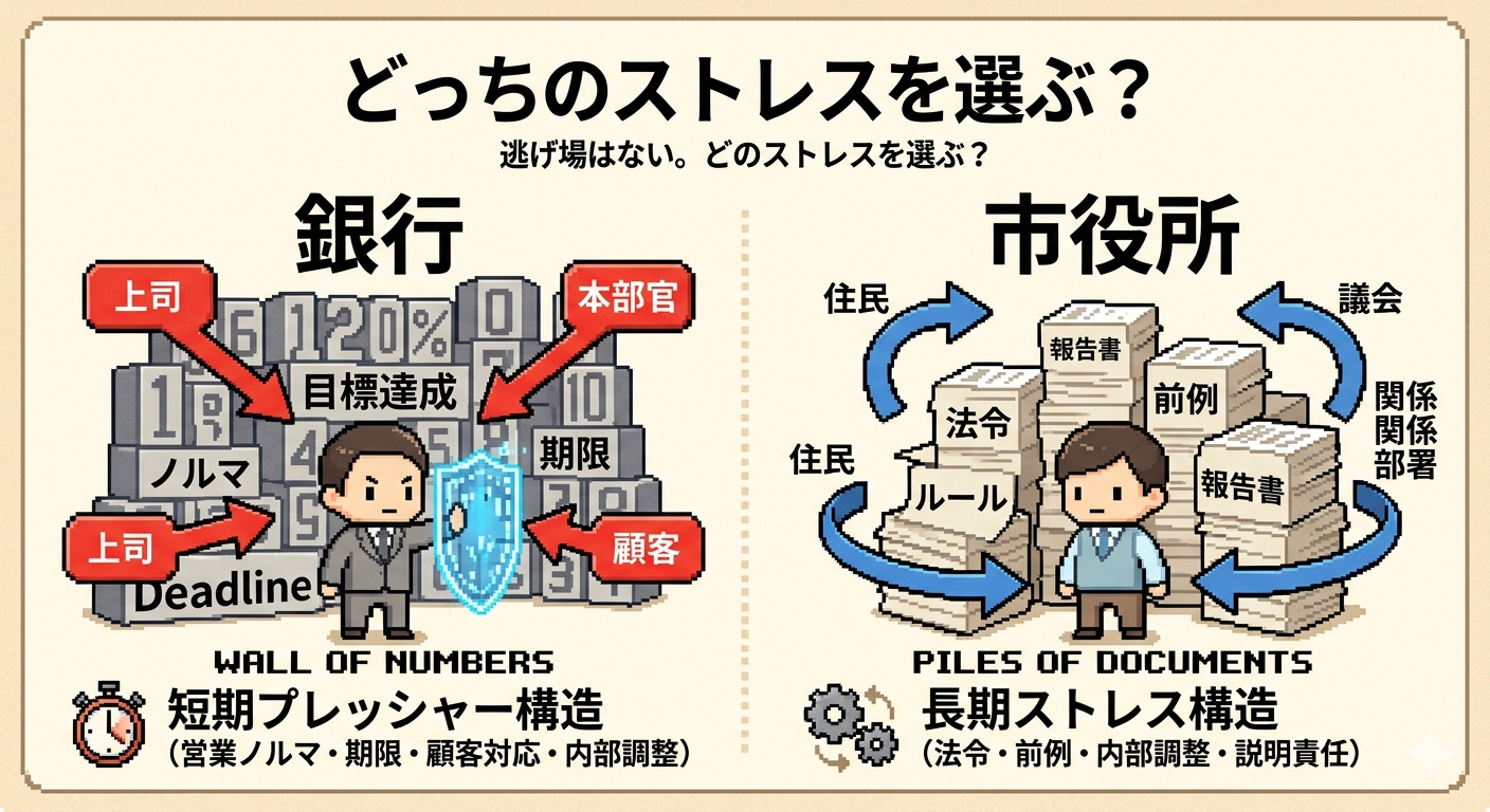 銀行員と市役所のストレス構造の違いを整理した図解