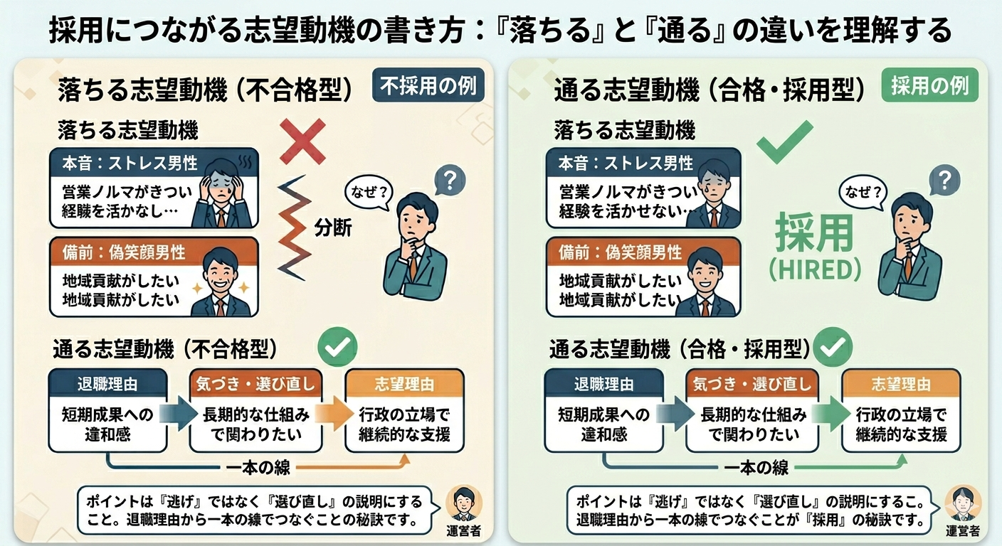 志望動機が通るか落ちるかの違い図解