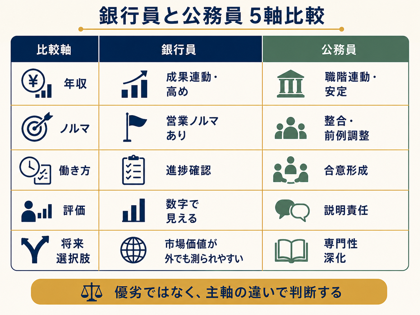 銀行員と公務員どっち5軸比較表:年収・ノルマ・働き方・評価・将来選択肢の対比