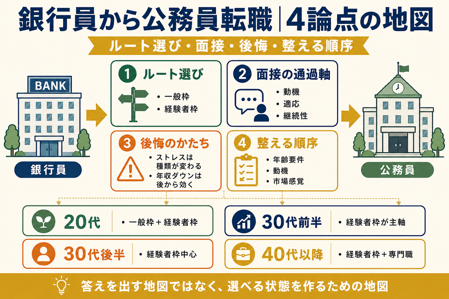 銀行員から公務員転職の4論点の地図。ルート選び、面接の通過軸、後悔のかたち、整える順序を整理した図解