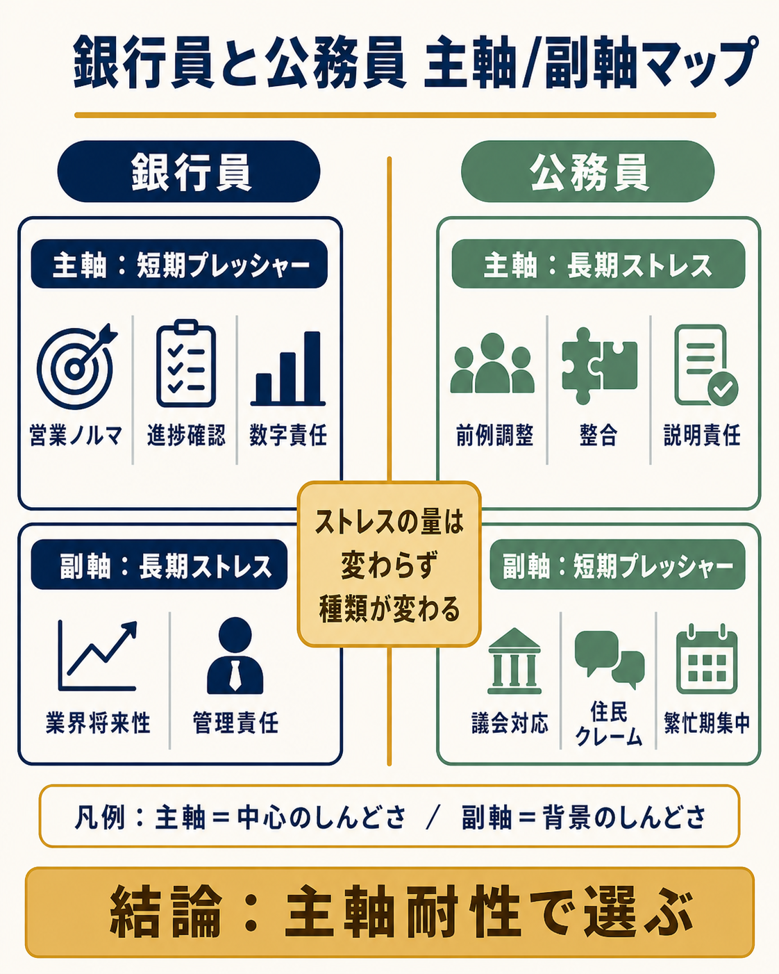 銀行員と公務員どっち主軸副軸マップ:銀行=短期プレッシャー主軸/公務員=長期ストレス主軸の判断地図