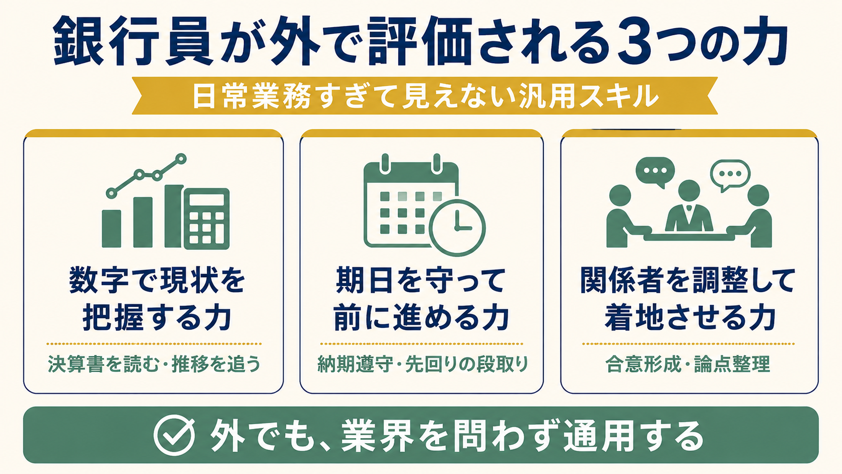 銀行員が外でも評価されやすい3つの力(数字で現状を把握する力・期日を守って案件を前に進める力・関係者を調整して着地させる力)の整理マップ。銀行員にとって日常業務すぎて見えない汎用スキルを視覚化