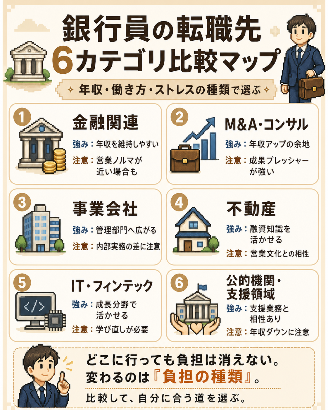 銀行員の転職先6カテゴリ比較マップ｜銀行員 転職で経験を活かせる転職先を整理した図解