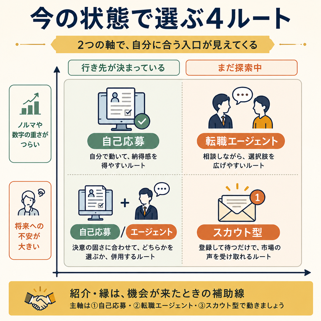 銀行員の転職方法を今の状態で選ぶ2軸マップ。ノルマや数字の重さ、将来不安、行き先の有無から自己応募・転職エージェント・スカウト型サービスを整理した図解