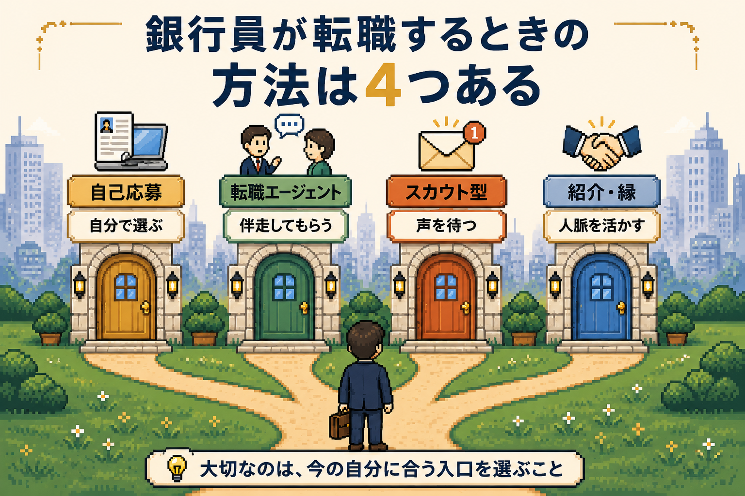 銀行員の転職方法は4つある。自己応募・転職エージェント・スカウト型サービス・紹介と縁の4つの入口を整理した図解
