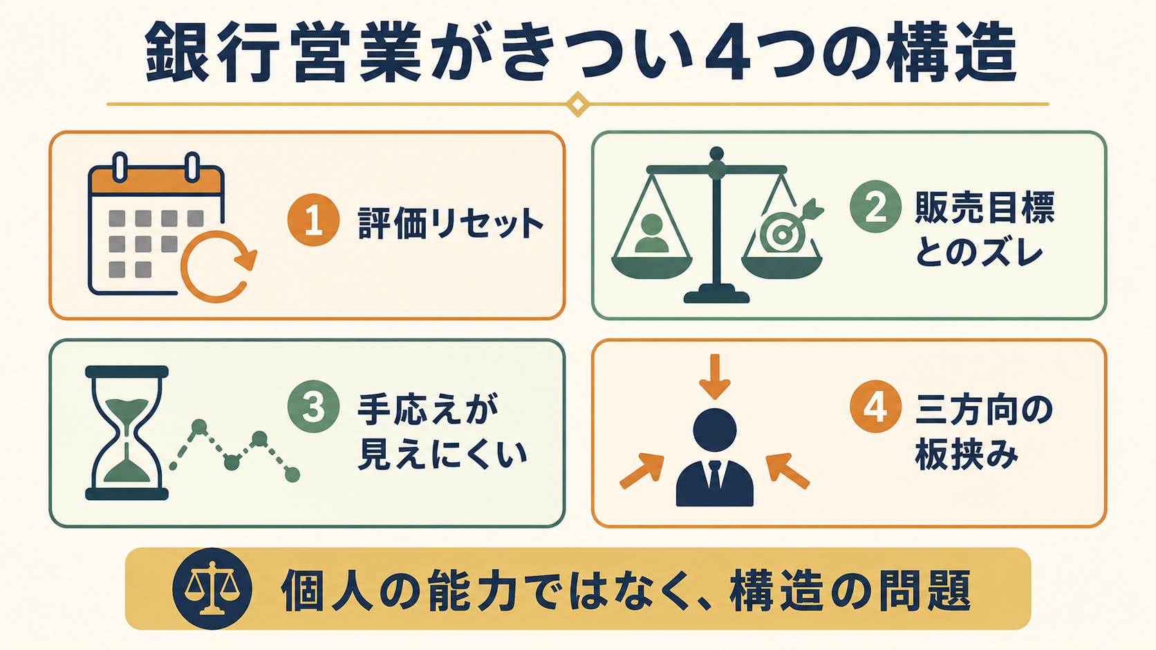 銀行営業がきつい4つの構造マップ：評価リセット・顧客本位と販売目標のズレ・手応えの見えにくさ・三方向の板挟み