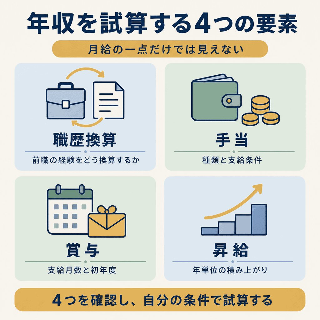 銀行員から公務員への転職で後悔しないために、職歴換算・手当・賞与・昇給から年収を試算する構造を示した図解