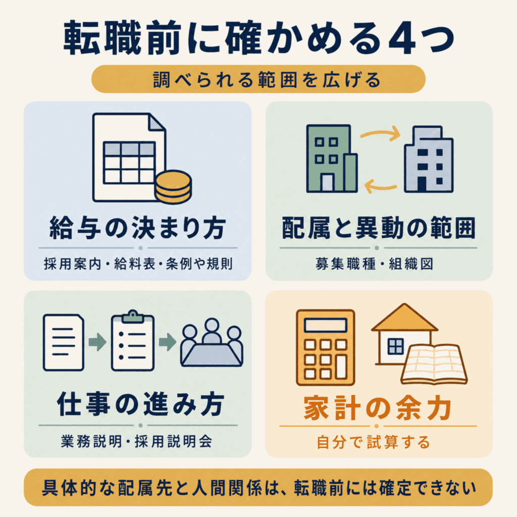 銀行員から公務員への転職で後悔を減らすために、給与・配属と異動・仕事の進み方・家計を事前確認する図解