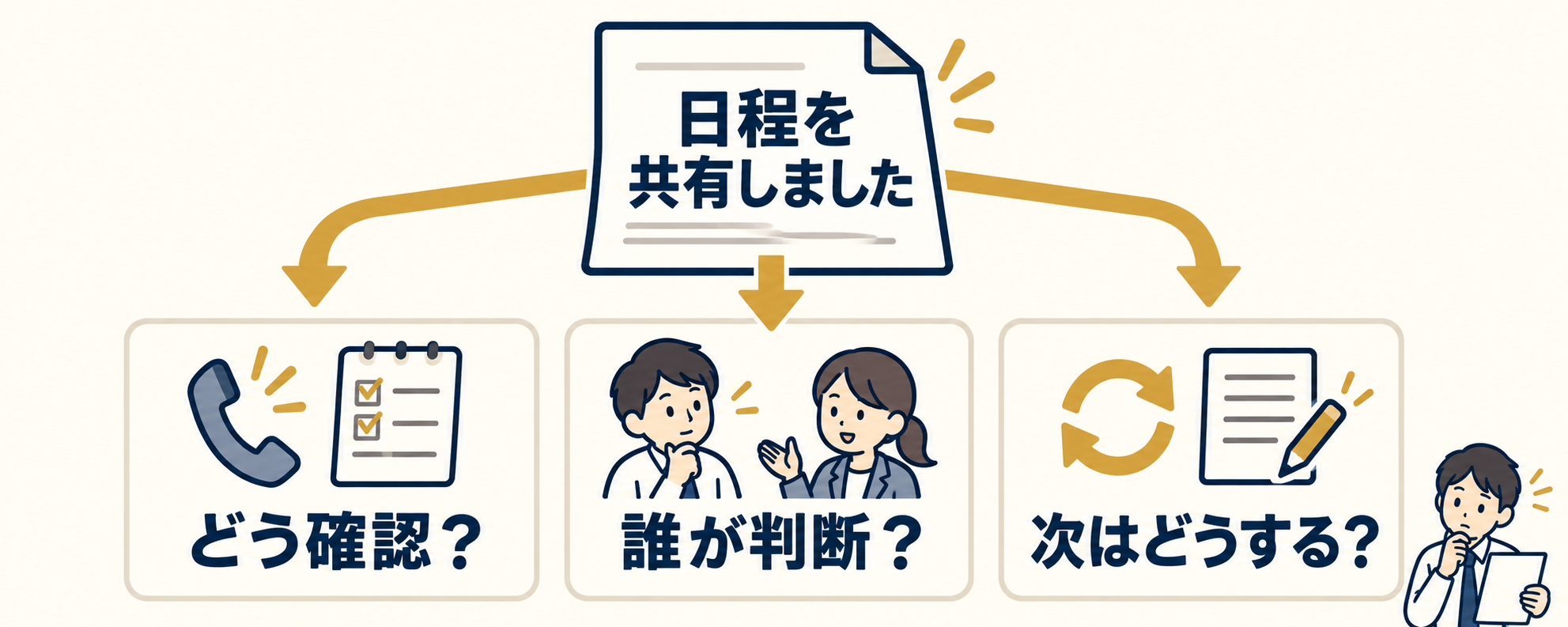 「日程を共有しました」という一文を、どう確認したか、誰が判断したか、次はどうするか、という3つの問いで掘り下げる図。