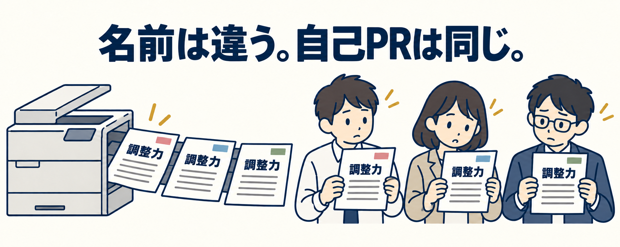 名前だけ違い、本文は同じ「調整力」の自己PR用紙が複写機から量産され、3人に配られる図。強みの名前だけでは本人の仕事が見えないことを表している。